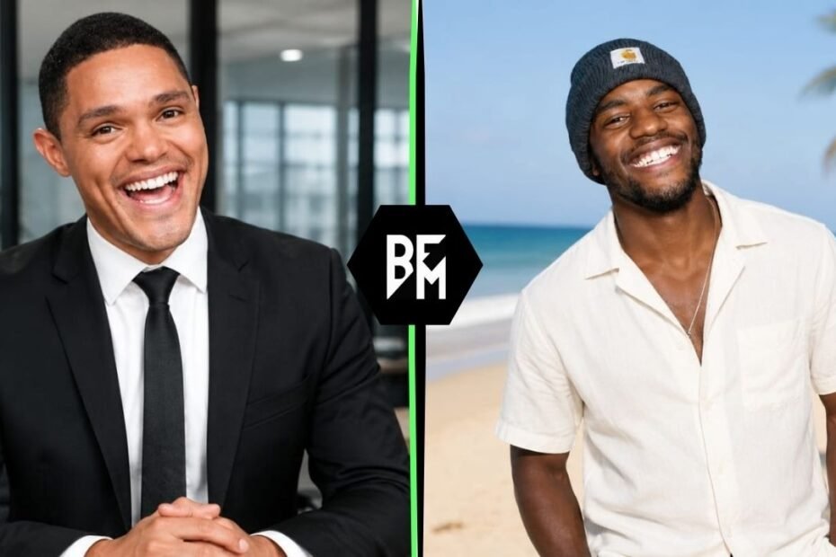 Trevor Noah and his younger half-brother Andrew Shingange smiling in a side-by-side comparison image